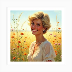 Princess Diana Smiling With A Glowing Watercolor Field Of Wildflowers 1 Art Print