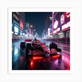 Formula Car Speeding Down A Neon Lit Street, Reflections Of Glowing Signs In Water 1 Art Print