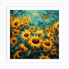 Sunflowers And Butterflies 7 Art Print