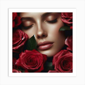 Beautiful Woman With Red Roses 1 Art Print