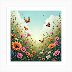 An English Flower Garden In Full Bloom With Butterflies Fluttering Around 1 Art Print