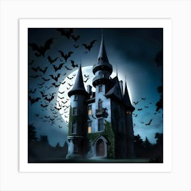 A Foreboding American Gothic Style Castle Stands Tall Amidst An Eerie, Moonless Night, Its Turrets And Spires Silhouetted Against A Dark, Gradient Blue Sky, With A Flurry Of Bats Taking Flight Around The Structure (2) Art Print