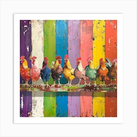 Rainbow Retro Chickens On The Fence 1 Art Print
