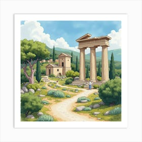 A Stunning Greek Man In Watercolor, With The Charm Of Ancient Ruins And Lush Greenery 1 Art Print