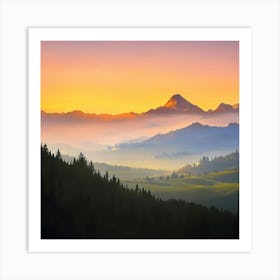 view of an abstract mountain range bathed in the soft, warm hues of a rising sun Art Print