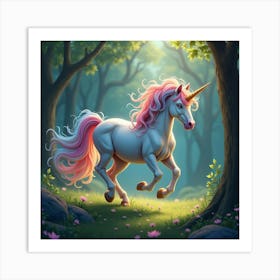 A Mythical Unicorn With A Mane Of Shimmering, Rainbow Colored Waves Galloping Through An Enchanted Forest Art Print