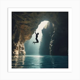 Man Jumping Out Of Cave Art Print