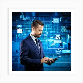 Abstract Cyber Industrial Icon Featuring A Futuristic Manager Interfacing With An Ai System Engagin (1) Art Print