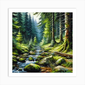 Stream In The Forest, Acrylic Painting Style 9 Art Print