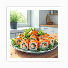 Watercolor Depiction Of A Fresh And Vibrant Summer Roll Platter On A Modern Kitchen Table Art Print