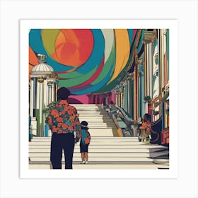 Man And A Child Walking Down Stairs Art Print