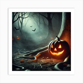 Glowing Jack-o’-Lantern: A Spooky Pumpkin Illustration in a Misty Forest Art Print