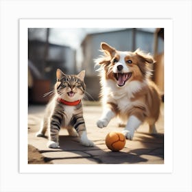 Cat And Dog Playing Art Print