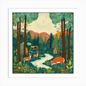 Art Drawing Forest Scene Folk Art Style Inspired B (7) Art Print