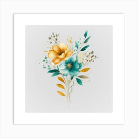 Watercolor Gold And Teal Bouquets 9 Art Print