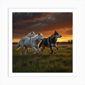 Three Wolves At Sunset Art Print