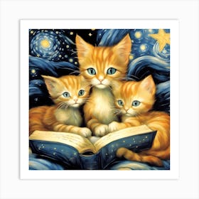 Three Kittens Reading A Book Art Print