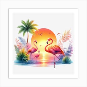 Flamingos At Sunset Art Print