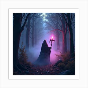 Soul Reaper Walking Through Glowing Forest, Vibrant Mist 1 Art Print