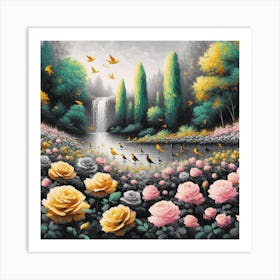 Roses And Birds 1 Art Print