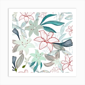 Jungle Warrior Exotic Lily Hand Painted Artistic Pattern White Background Square Art Print