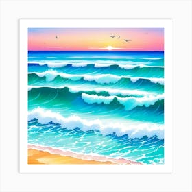 Ocean Sea Waves Beach At Sunset Art Print