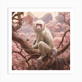 Macaque 3 Pink Jungle Animal Portrait Art Print