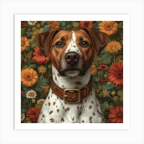 Lena1987 Dog Portrait Cartoon Surrounded By Flowers Colorful Art Print