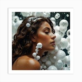 Beautiful Woman In White Bubbles Art Print