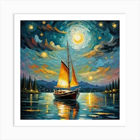 Sailboat At Night Art Print