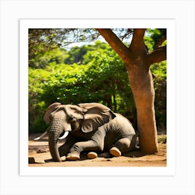 Elephant Resting Under A Tree Art Print