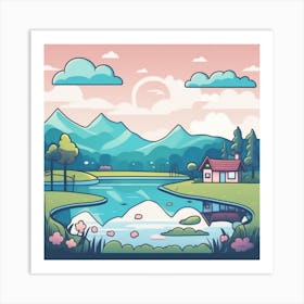 Landscape With House And Lake Art Print