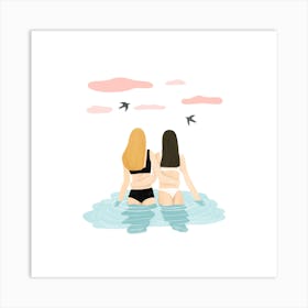 Two Girls In The Sea Square Art Print