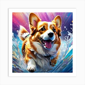 Corgi Splashing In The Water Art Print