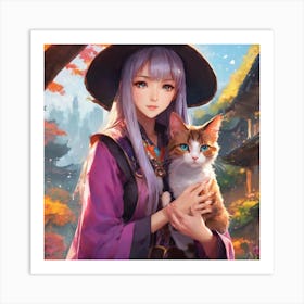 Anime Girl Holding Cat Art Print