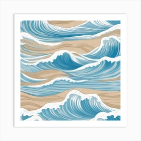 Ocean Waves Gentle Pencil Drawings Of Waves Highlighted With Shades Of Light Blue And Sandy Beige 2 Art Print