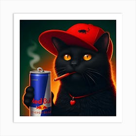 A Black Cat With A Red Hat Drinking A Red Bull Energy Drink 5 Poster