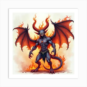 Demon With Cursed Flames, Watercolor, Intense And Colorful 1 Art Print