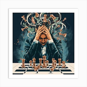 An art print showcasing a striking and abstract portrait of a chess player immersed in a strategic game, with chess pieces swirling around them. This cerebral and visually captivating art print is perfect for chess enthusiasts and those who appreciate the intellectual allure of the game, adding a touch of sophistication to home decor Art Print