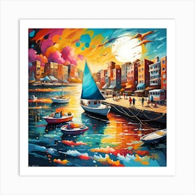 Sailing Boat Docking Amidst Beachgoers Delight Art Print