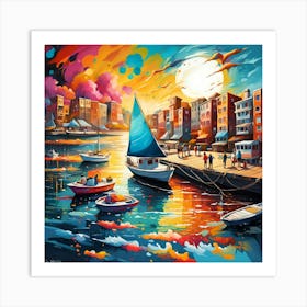 Sailboat Docking Amidst Beachgoers And Resorts Art Print