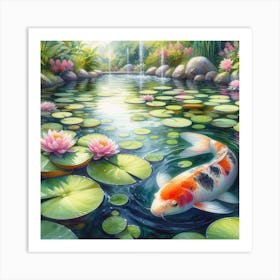 Serene koi fish pond with lily pads Art Print