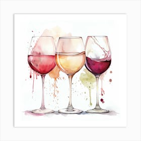 Watercolor Drawings Of Glass Of Rose White And Red Wine Glasses With Splashes Of Color Art Print