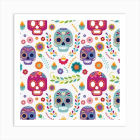 Mexican Floral With Skull Seamless Pattern Art Print