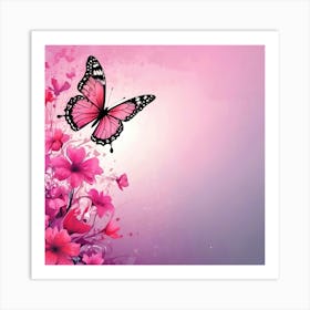 Pink Butterfly And Flowers Art Print