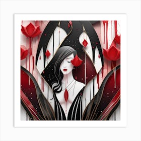 Woman In Black And Red Gothic Japanese textured Monohromatic Art Print