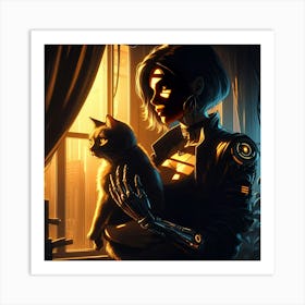 Cyberpunk Girl With Cat Art Print