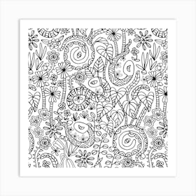 COLOURING BOOK GARDEN SNAKES Doodle Floral Botanical Line Drawing in Black and White Art Print