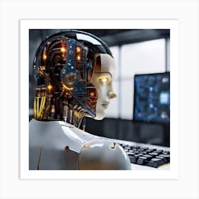 Robot In Front Of A Computer Art Print