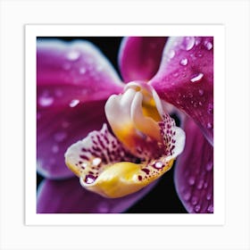 A Close Up Of A Delicate Orchid On A Vibrant Flower Petal, Showcasing Its Reflective Surface And Int Art Print